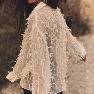 B15. Zara Sheer Off White Fringed Textured Blouse - Size Medium